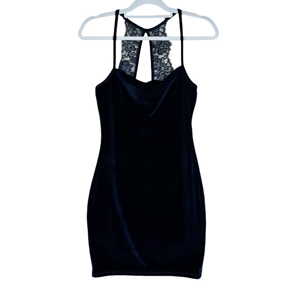 Lulus Medium Velvet Bodycon Mini Dress Dark Blue Lace Cocktail Fitted Date night